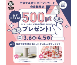 アスナル金山ポイントカード会員様限定 〈アスナル金山 お買物券500円分相当〉 必ずもらえる！500ptプレゼント